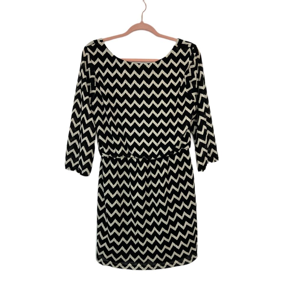 City Triangles Black White Chevron 3/4 Sleeves Loose Mini Dress Size XL Juniors - Picture 5 of 10